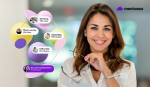 Professional woman looking confidently ahead, symbolizing learning culture as a competitive advantage with diverse learning formats illustrated