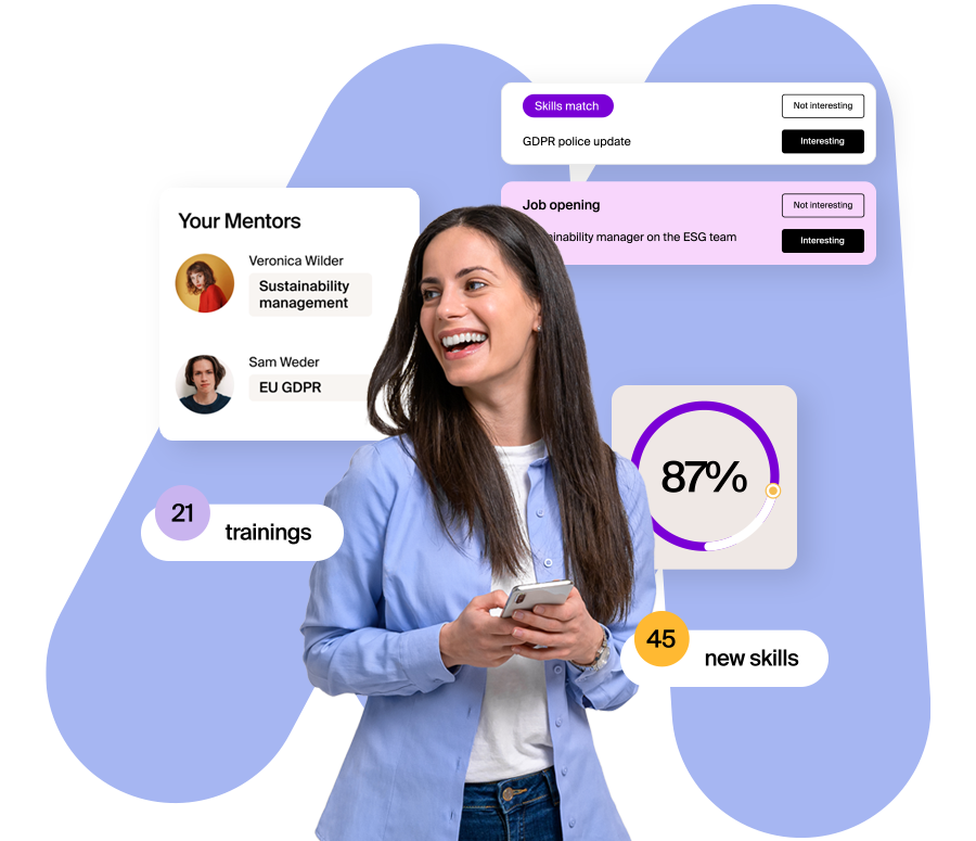 Gelukkige HR-medewerker die Mentessa's AI-gedreven mentoringplatform gebruikt om upskilling, medewerkersbetrokkenheid en talentontwikkeling succesvol te beheren.