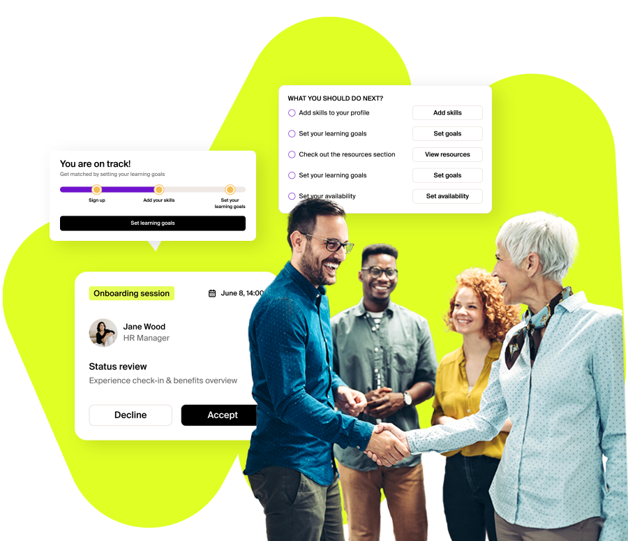 Neue Mitarbeiterin nutzt die KI-gestützte Mentoring-Plattform von Mentessa für Onboarding, Mentorensuche und das schnelle Erlernen organisatorischer Fähigkeiten.