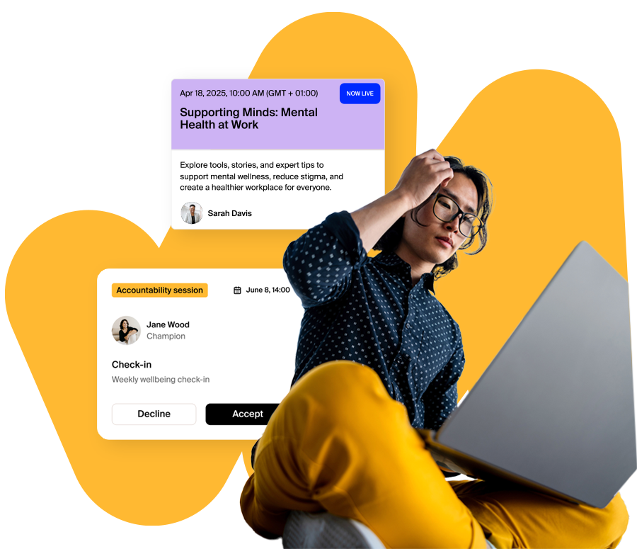 Gelukkige medewerker die verbeterd welzijn en mentale gezondheid ervaart dankzij Mentessa's AI-gedreven mentoring- en communityplatform dat verbinding en ondersteuning bevordert.