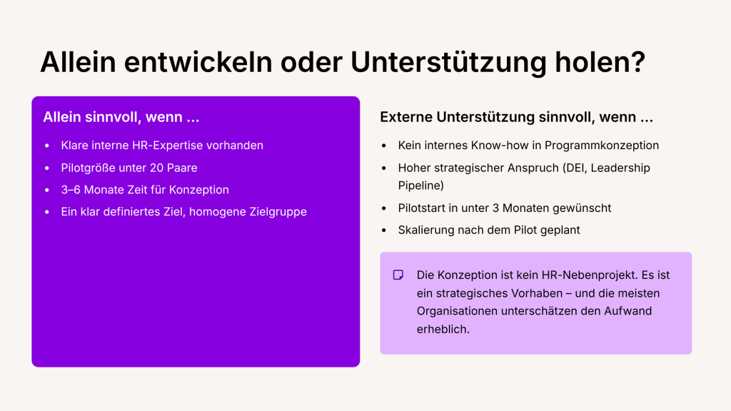 Entscheidungshilfe: Wann lohnt sich externe Unterstützung beim Mentoring-Programm? Vergleich von Eigenentwicklung vs. externer Begleitung nach Pilotgröße, Zeitrahmen und strategischem Anspruch
