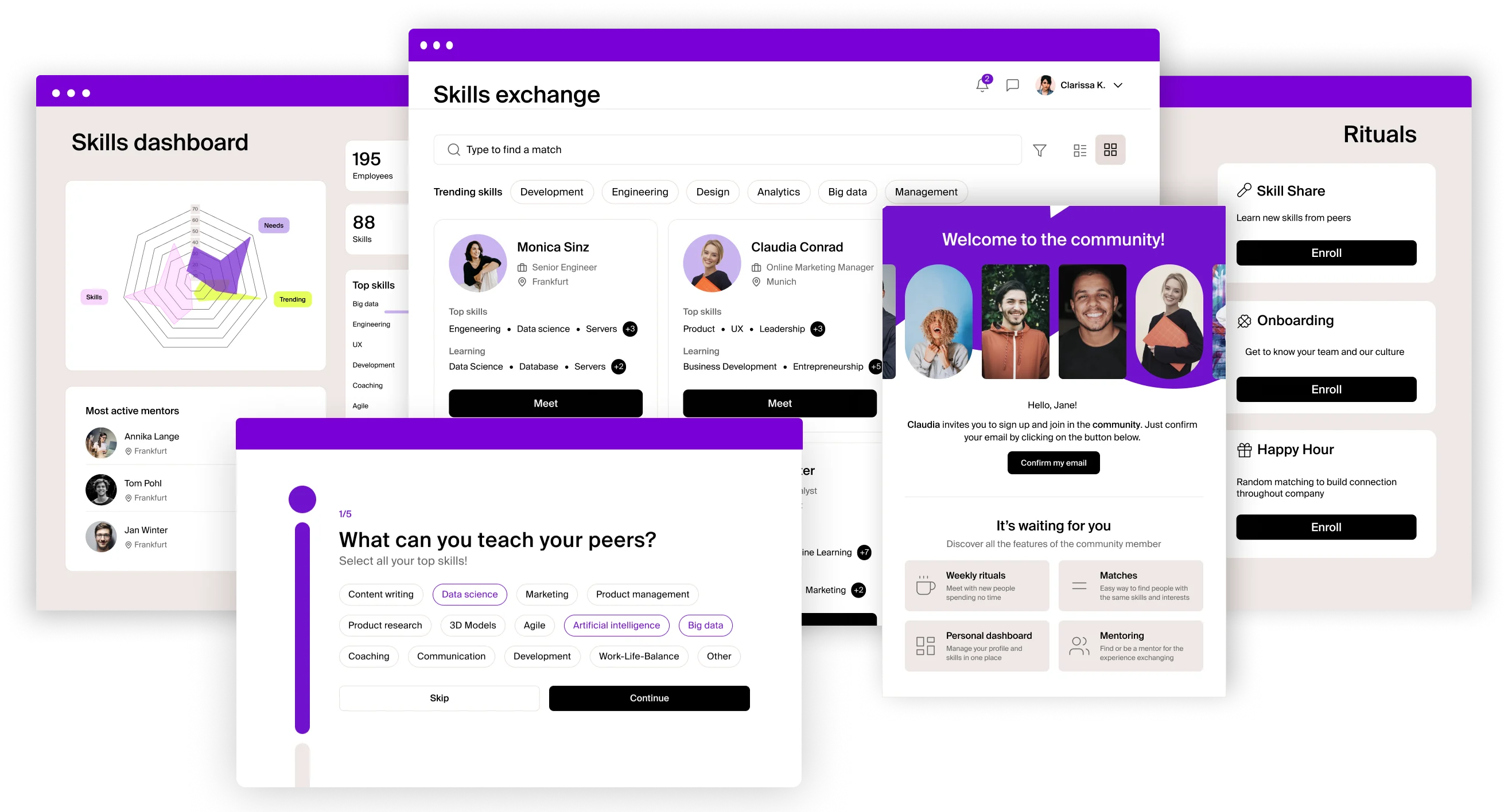 Visual met de functies van het communityplatform van Mentessa — mensen verbinden voor mentoring, kennisdeling en samenwerking, aangedreven door AI.
