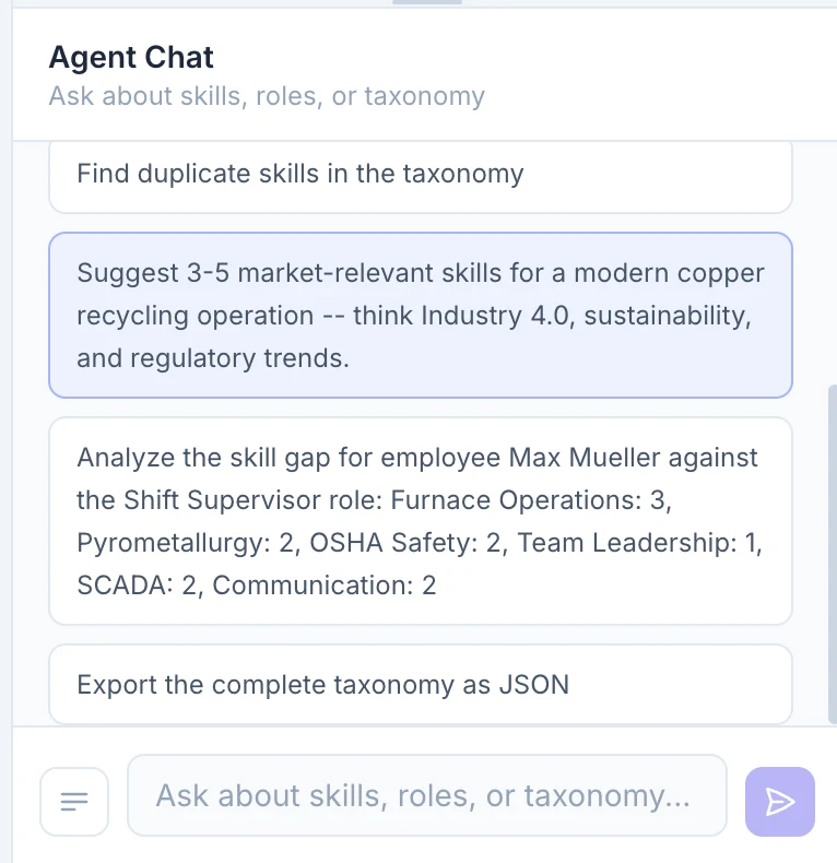 De chat van de Mentessa Skills Agent: dubbele vaardigheden vinden, marktrelevante vaardigheden voorstellen, een vaardighedenkloof van een medewerker analyseren en de taxonomie exporteren als JSON
