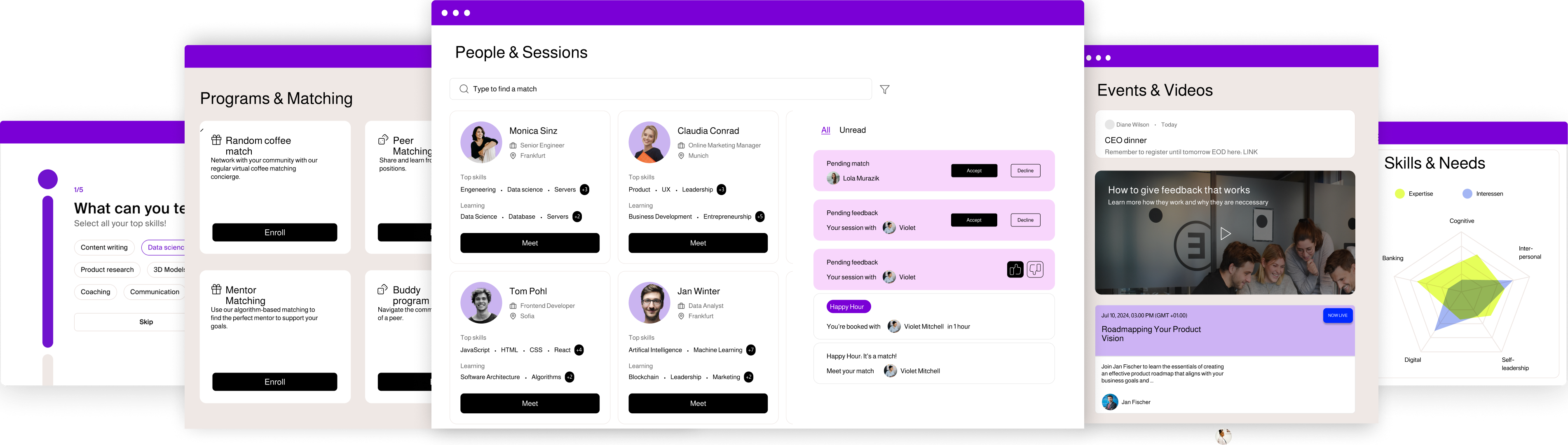 Mentessa platform showcasing community building, mentoring, smart matching, and video-based learning